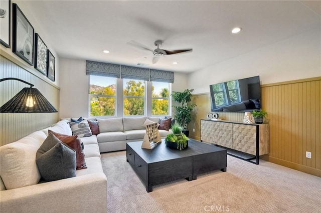 3042 Mesa Gln, Escondido, CA 92026 - living area with a ceiling fan, recessed lighting, carpet, and wooden walls