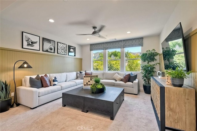 3042 Mesa Gln, Escondido, CA 92026 - living room with a ceiling fan, light carpet, and recessed lighting