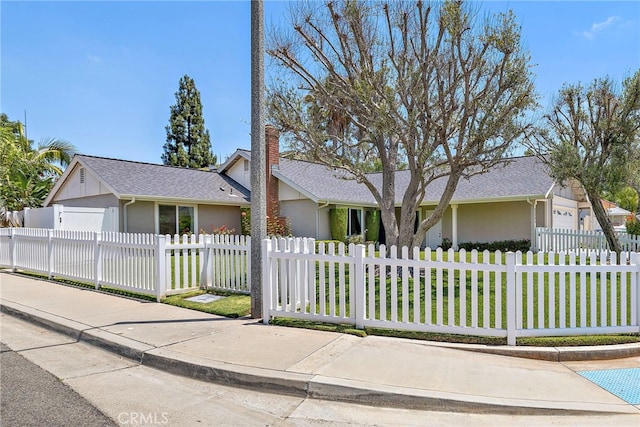 22391 Lombardi, Laguna Hills, CA 92653 - ranch-style house with stucco siding, a garage, a chimney, and a fenced front yard