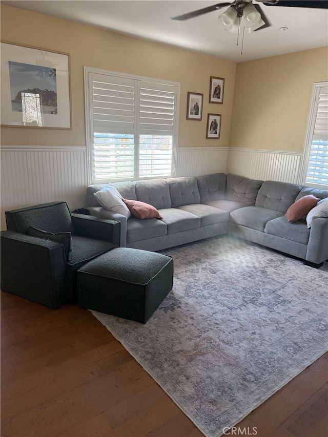 326 Borden Rd, San Marcos, CA 92069 - living room featuring wainscoting, hardwood / wood-style floors, and a ceiling fan