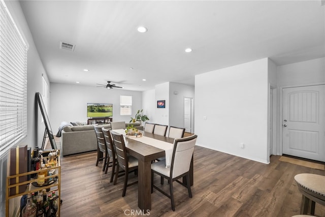 5609 Garibaldi Way, Fontana, CA 92336 - dining area with recessed lighting, a ceiling fan, and dark wood-style floors
