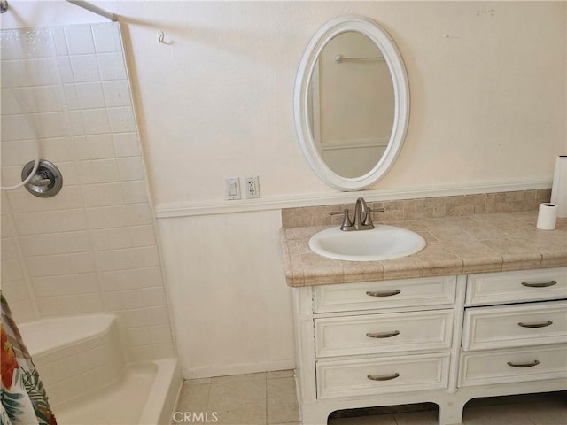 28635 Middlebury Way, Menifee, CA 92586 - bathroom with curtained shower, tile patterned flooring, and vanity