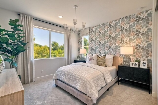 3091 Orchard Gln, Escondido, CA 92026 - bedroom featuring carpet flooring, multiple windows, a chandelier, and recessed lighting