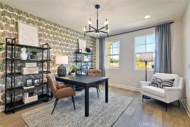 3091 Orchard Gln, Escondido, CA 92026 - home office featuring a chandelier, wood finished floors, an accent wall, recessed lighting, and wallpapered walls