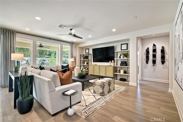 3091 Orchard Gln, Escondido, CA 92026 - living room with a ceiling fan, light wood finished floors, and recessed lighting