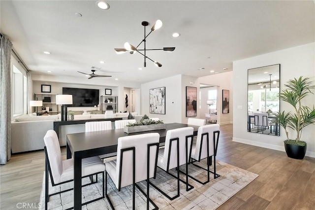 3091 Orchard Gln, Escondido, CA 92026 - dining room featuring a chandelier, recessed lighting, light wood finished floors, and a ceiling fan