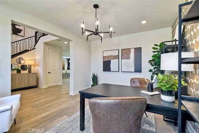 3091 Orchard Gln, Escondido, CA 92026 - office featuring a chandelier, wood finished floors, and recessed lighting