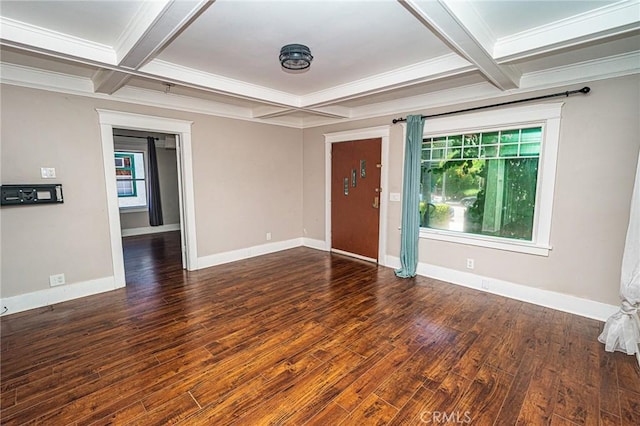 220 Palm Pl, Pomona, CA 91767 - empty room with coffered ceiling, ornamental molding, wood finished floors, and beamed ceiling