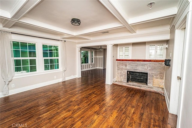 220 Palm Pl, Pomona, CA 91767 - unfurnished living room with coffered ceiling, a brick fireplace, wood finished floors, crown molding, and beamed ceiling