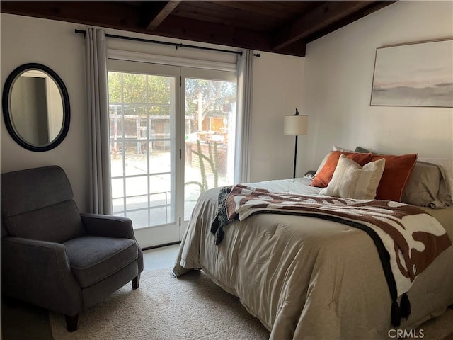 208 Spruce St, Arroyo Grande, CA 93420 - bedroom with light carpet, access to outside, and a wooden ceiling with exposed beams