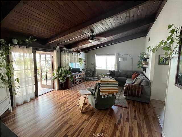 208 Spruce St, Arroyo Grande, CA 93420 - living area featuring wood finished floors, ceiling fan, and wood ceiling
