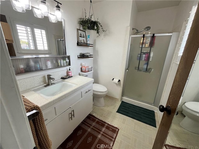 208 Spruce St, Arroyo Grande, CA 93420 - bathroom with a stall shower, vanity, tile patterned floors, and a chandelier