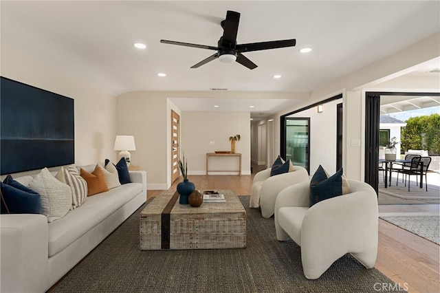 1700 Irvine Ave, Newport Beach, CA 92660 - living area featuring wood finished floors, recessed lighting, and a ceiling fan