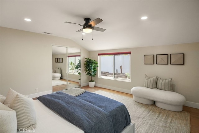 1700 Irvine Ave, Newport Beach, CA 92660 - bedroom featuring vaulted ceiling, wood finished floors, a closet, recessed lighting, and ceiling fan