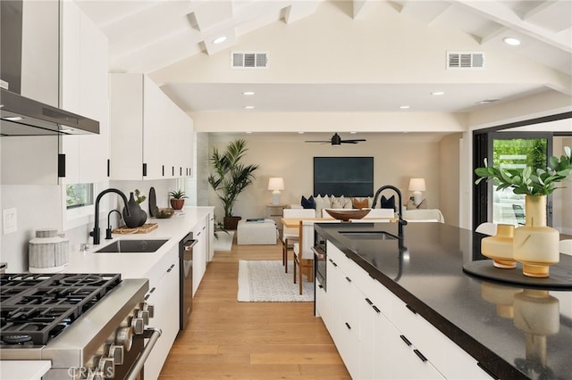 1700 Irvine Ave, Newport Beach, CA 92660 - kitchen featuring ventilation hood, light wood-style floors, white cabinets, stainless steel appliances, and a ceiling fan