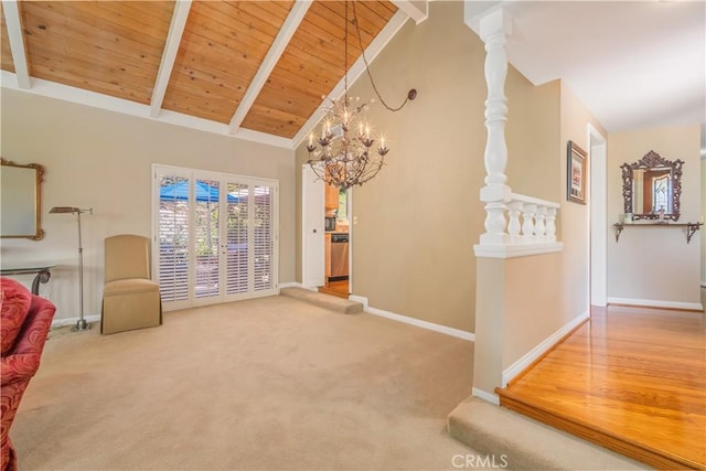 2526 Fontezuela Dr, Hacienda Heights, CA 91745 - sitting room with a wooden ceiling with exposed beams, high vaulted ceiling, and carpet flooring