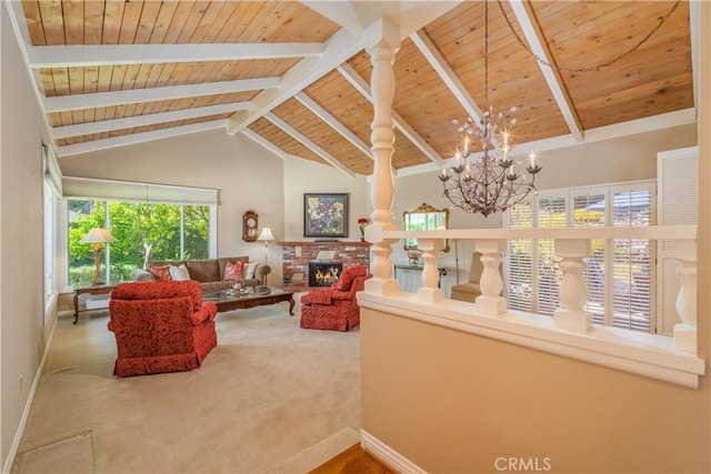 2526 Fontezuela Dr, Hacienda Heights, CA 91745 - living room with wooden ceiling, a brick fireplace, carpet floors, and a chandelier