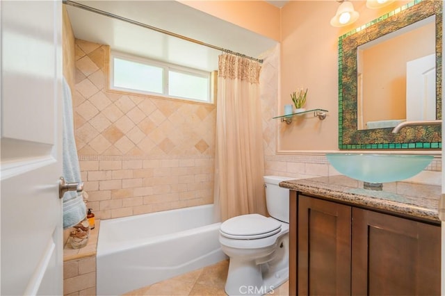 2526 Fontezuela Dr, Hacienda Heights, CA 91745 - full bath featuring vanity, shower / tub combo with curtain, tile walls, and tile patterned floors