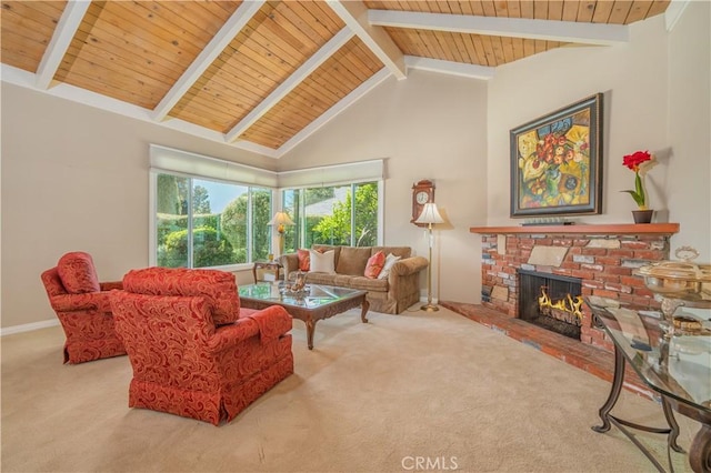 2526 Fontezuela Dr, Hacienda Heights, CA 91745 - carpeted living area featuring a wood ceiling with exposed beams, a brick fireplace, and high vaulted ceiling