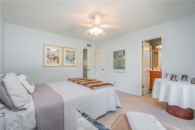 2526 Fontezuela Dr, Hacienda Heights, CA 91745 - bedroom with light carpet, ceiling fan, and connected bathroom