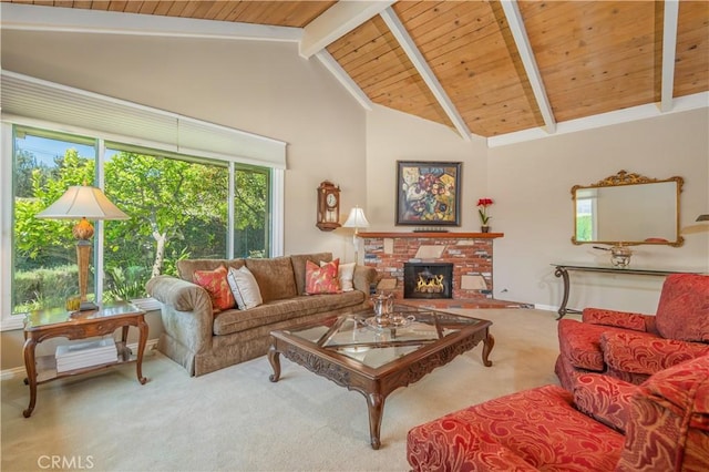 2526 Fontezuela Dr, Hacienda Heights, CA 91745 - carpeted living room with a wood ceiling with exposed beams, a brick fireplace, and high vaulted ceiling
