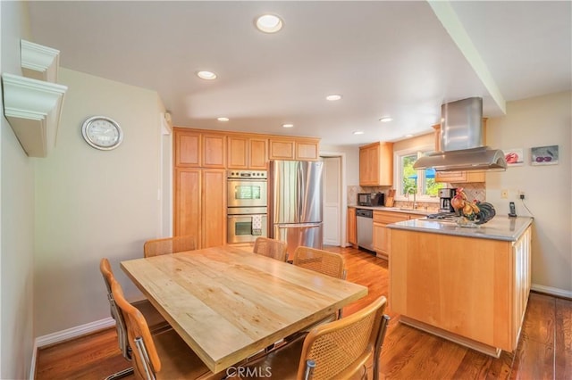 2526 Fontezuela Dr, Hacienda Heights, CA 91745 - kitchen with appliances with stainless steel finishes, wall chimney exhaust hood, light wood-type flooring, light brown cabinets, and recessed lighting