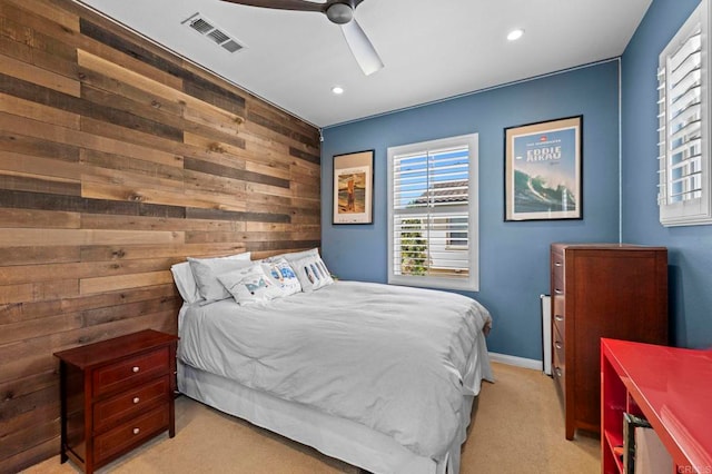 13502 Blue Lace Trl, Carmel Valley, CA 92130 - bedroom with wood walls, light carpet, recessed lighting, and ceiling fan