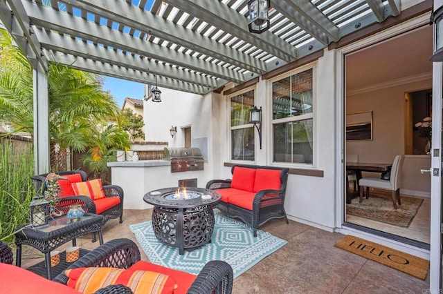 13502 Blue Lace Trl, Carmel Valley, CA 92130 - view of patio / terrace featuring an outdoor living space with a fire pit, exterior kitchen, and a pergola