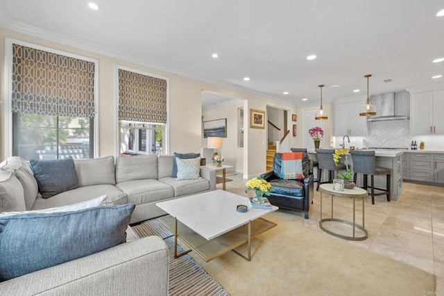 13502 Blue Lace Trl, Carmel Valley, CA 92130 - living room with crown molding, recessed lighting, and stairway