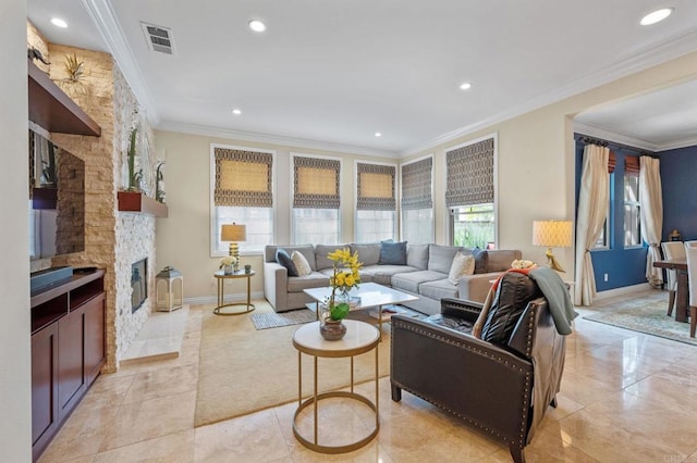 13502 Blue Lace Trl, Carmel Valley, CA 92130 - living room with healthy amount of natural light, crown molding, a stone fireplace, and recessed lighting