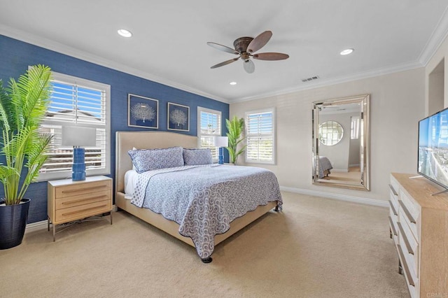 13502 Blue Lace Trl, Carmel Valley, CA 92130 - bedroom with multiple windows, ornamental molding, light carpet, recessed lighting, and a ceiling fan