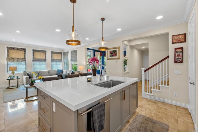 13502 Blue Lace Trl, Carmel Valley, CA 92130 - kitchen featuring crown molding, recessed lighting, an island with sink, decorative light fixtures, and gray cabinets