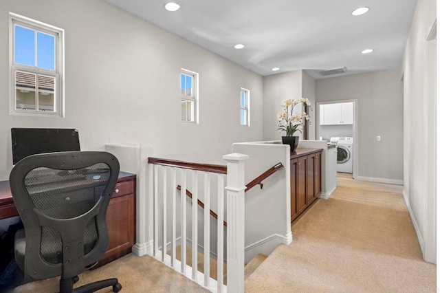 13502 Blue Lace Trl, Carmel Valley, CA 92130 - hallway with an upstairs landing, light carpet, washer / clothes dryer, recessed lighting, and an office area