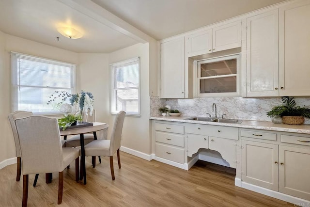 4693 71st St, La Mesa, CA 91942 - kitchen featuring light wood-style floors, backsplash, and white cabinets