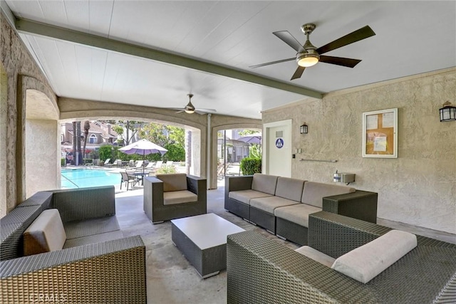 25072 Leucadia St Unit E, Laguna Niguel, CA 92677 - view of patio / terrace with a ceiling fan, an outdoor hangout area, and an outdoor pool