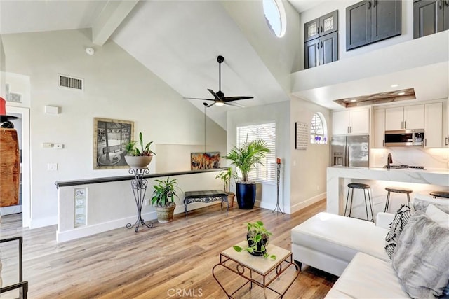 25072 Leucadia St Unit E, Laguna Niguel, CA 92677 - living room featuring high vaulted ceiling, a ceiling fan, beamed ceiling, and light wood finished floors