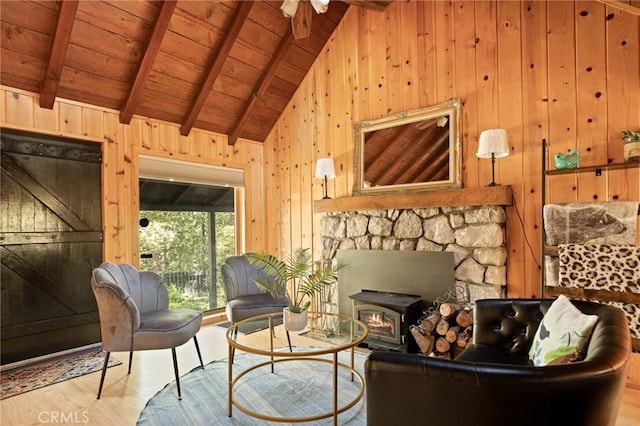 31701 Christmas Tree Ln, Running Springs, CA 92382 - living area featuring a wooden ceiling with exposed beams, wood finished floors, wood walls, a wood stove, and high vaulted ceiling