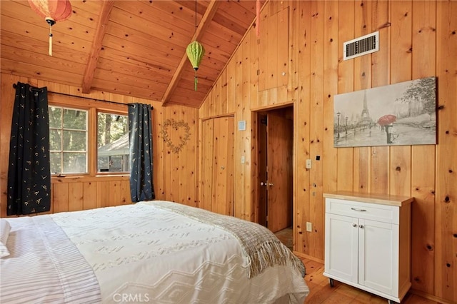31701 Christmas Tree Ln, Running Springs, CA 92382 - bedroom with wooden ceiling, wood walls, and wood finished floors