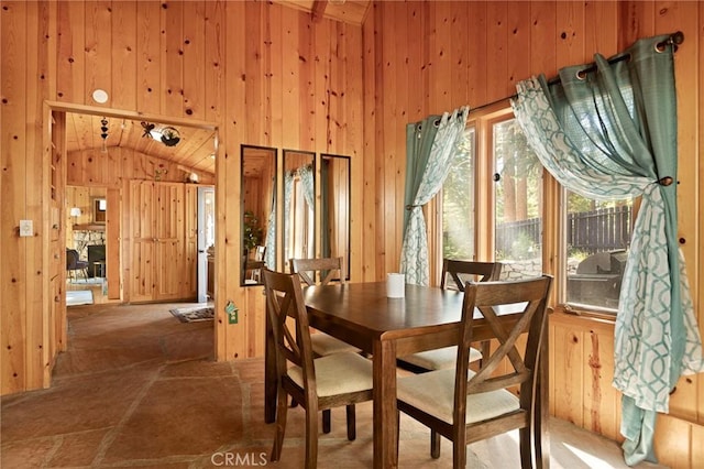 31701 Christmas Tree Ln, Running Springs, CA 92382 - dining space with wood walls and lofted ceiling