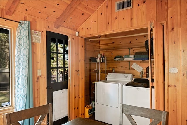 31701 Christmas Tree Ln, Running Springs, CA 92382 - washroom featuring independent washer and dryer, wooden walls, and wooden ceiling