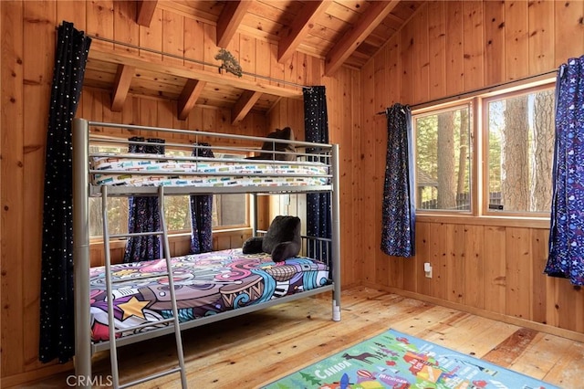 31701 Christmas Tree Ln, Running Springs, CA 92382 - bedroom with hardwood / wood-style flooring, wooden ceiling, and wooden walls