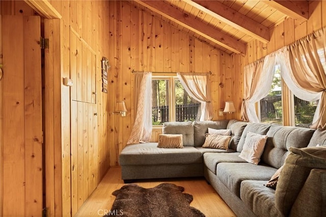 31701 Christmas Tree Ln, Running Springs, CA 92382 - sitting room with plenty of natural light, wooden walls, light wood finished floors, and wood ceiling