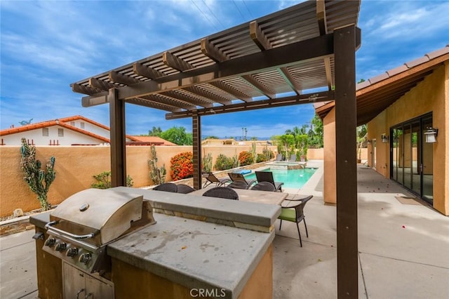 79140 Fred Waring Dr, Bermuda Dunes, CA 92203 - fenced backyard featuring exterior kitchen, a patio, a pool with connected hot tub, and a pergola