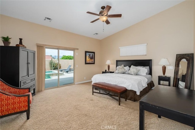 79140 Fred Waring Dr, Bermuda Dunes, CA 92203 - bedroom featuring carpet flooring, access to outside, vaulted ceiling, and ceiling fan