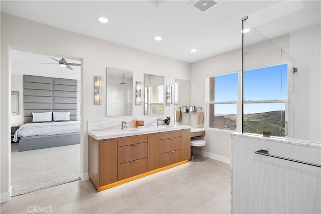 8 Pavona, Newport Coast, CA 92657 - full bath with connected bathroom, double vanity, a ceiling fan, a shower with door, and recessed lighting