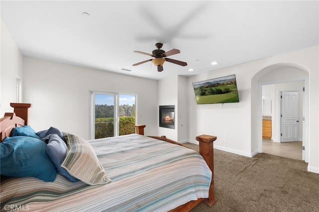2240 Aqua Hill Rd, Fallbrook, CA 92028 - carpeted bedroom with recessed lighting, a ceiling fan, and arched walkways