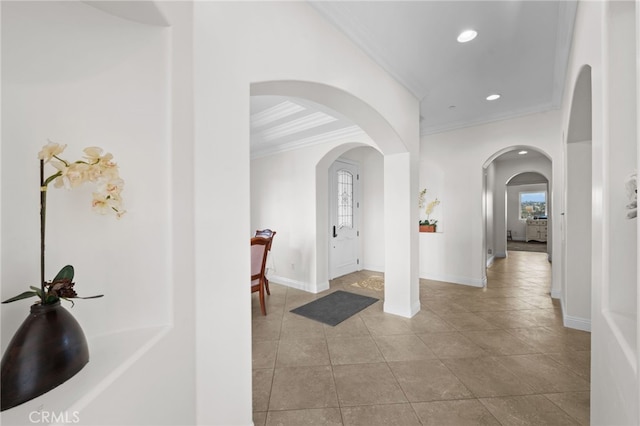 2240 Aqua Hill Rd, Fallbrook, CA 92028 - entryway featuring ornamental molding, arched walkways, light tile patterned flooring, and recessed lighting