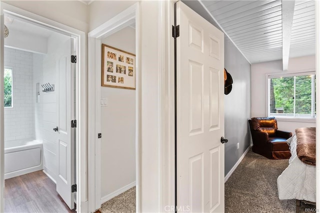 235 Bret Harte Rd, Lake Arrowhead, CA 92352 - hallway with baseboards and beamed ceiling