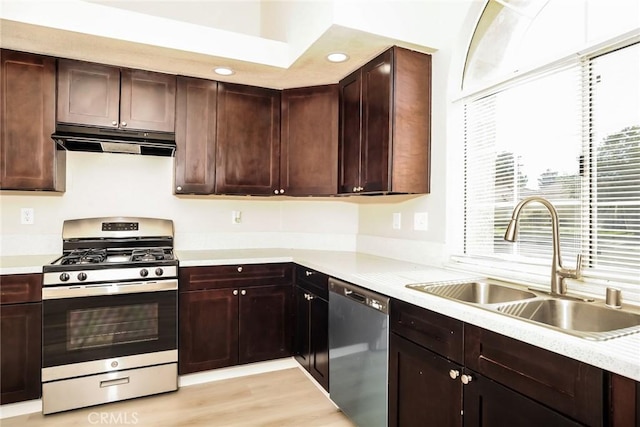44930 11th St E, Lancaster, CA 93535 - kitchen with appliances with stainless steel finishes, under cabinet range hood, light countertops, dark brown cabinetry, and light wood-type flooring