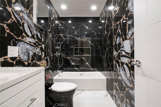 13331 Moorpark St Unit 319, Sherman Oaks, CA 91423 - bathroom featuring tub / shower combination, vanity, marble finish floors, and recessed lighting